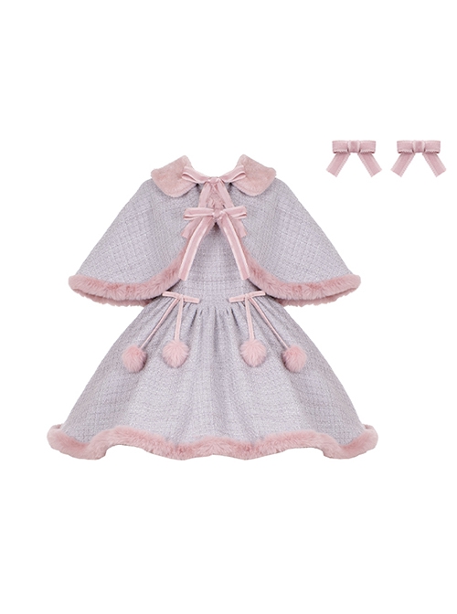 Winter Love Song Series Elegant Low Saturation Gentle Taro Puree Gray Light Pink Tweed Small Cloak Dress JSK Sweet Lolita Suit