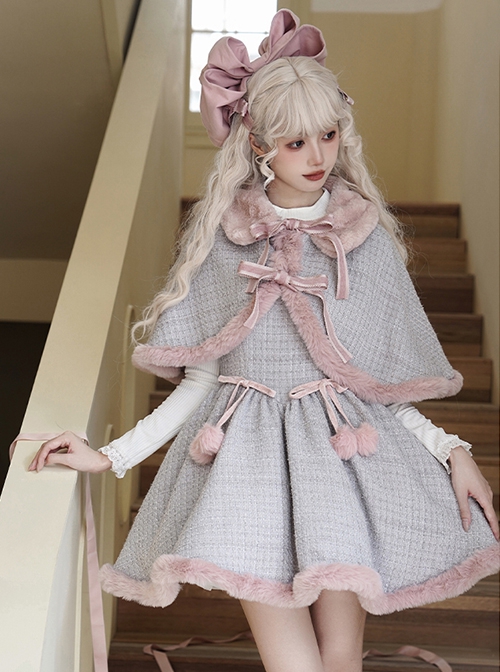 Winter Love Song Series Elegant Low Saturation Gentle Taro Puree Gray Light Pink Tweed Small Cloak Dress JSK Sweet Lolita Suit