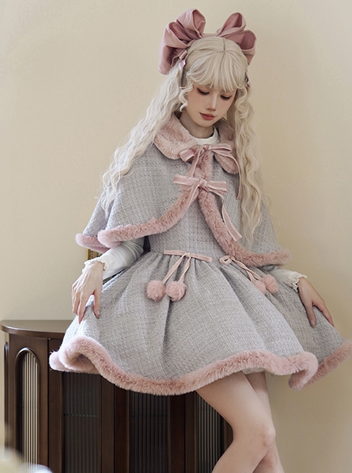 Winter Love Song Series Elegant Low Saturation Gentle Taro Puree Gray Light Pink Tweed Small Cloak Dress JSK Sweet Lolita Suit