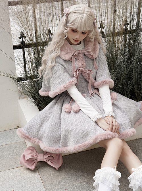 Winter Love Song Series Elegant Low Saturation Gentle Taro Puree Gray Light Pink Tweed Small Cloak Dress JSK Sweet Lolita Suit