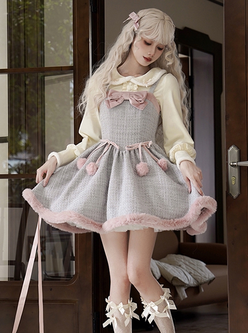 Winter Love Song Series Elegant Low Saturation Gentle Taro Puree Gray Light Pink Tweed Small Cloak Dress JSK Sweet Lolita Suit