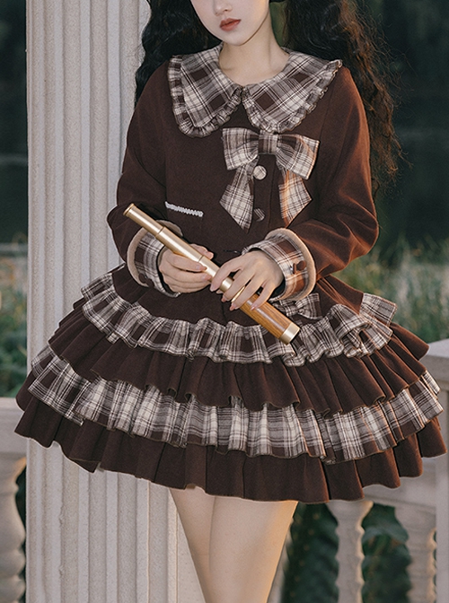 Caramel Macchiato Series Chocolate Brown College Style Plush Collar Short Coat Spliced Plaid Cake Skirt School Lolita Suit