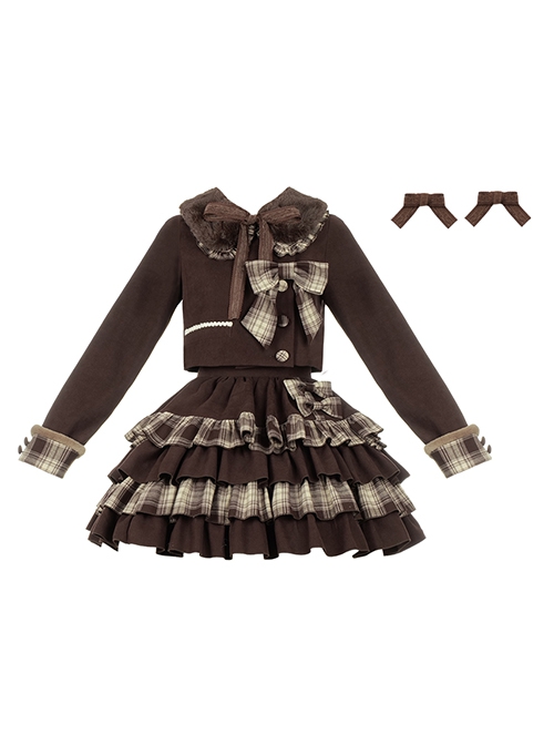 Caramel Macchiato Series Chocolate Brown College Style Plush Collar Short Coat Spliced Plaid Cake Skirt School Lolita Suit