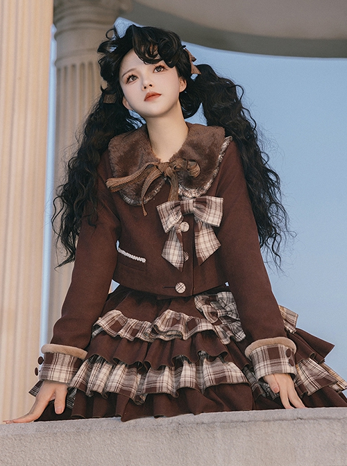 Caramel Macchiato Series Chocolate Brown College Style Plush Collar Short Coat Spliced Plaid Cake Skirt School Lolita Suit