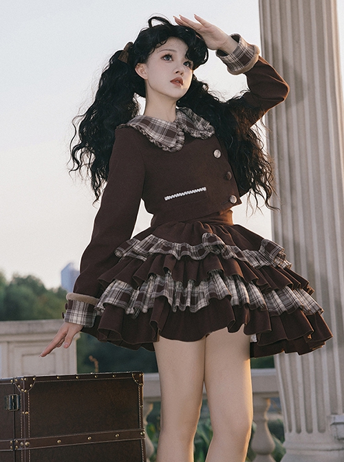 Caramel Macchiato Series Chocolate Brown College Style Plush Collar Short Coat Spliced Plaid Cake Skirt School Lolita Suit