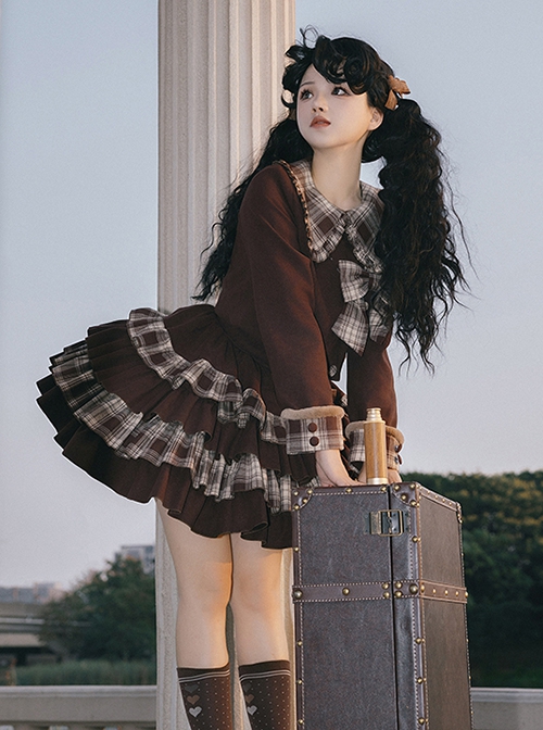 Caramel Macchiato Series Chocolate Brown College Style Plush Collar Short Coat Spliced Plaid Cake Skirt School Lolita Suit