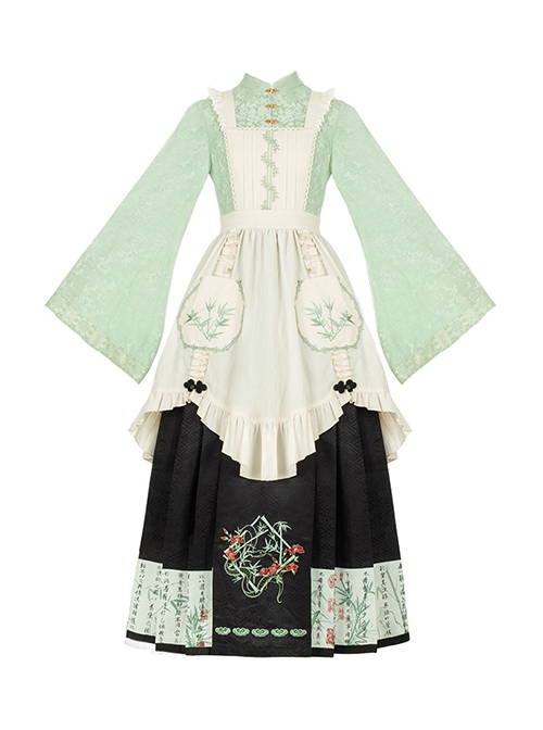 Orchid Pavilion Jackdaw Chinese Style Advanced Green Series Fake Three Pieces Splice Set Long Sleeves Ming Dynasty Mamian Pleated Dress