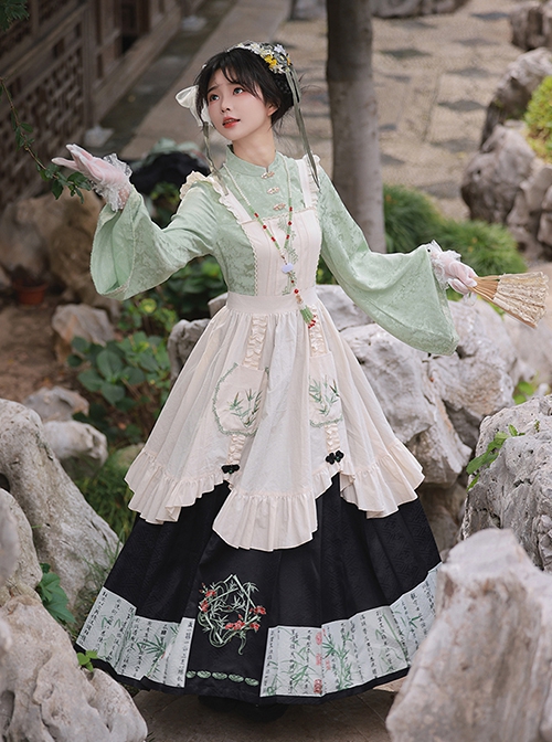 Orchid Pavilion Jackdaw Chinese Style Advanced Green Series Fake Three Pieces Splice Set Long Sleeves Ming Dynasty Mamian Pleated Dress