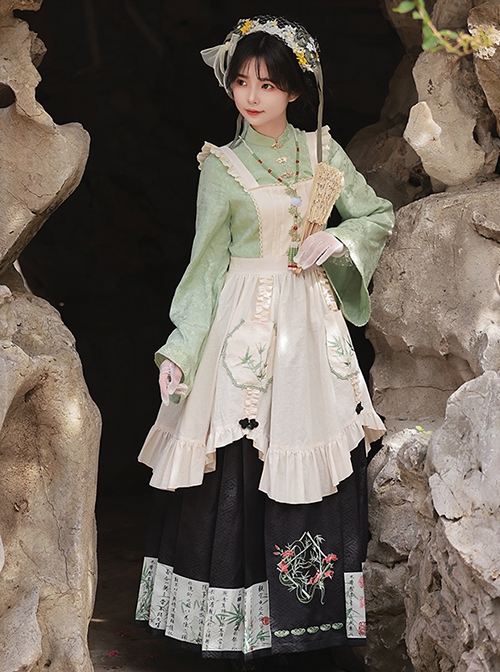 Orchid Pavilion Jackdaw Chinese Style Advanced Green Series Fake Three Pieces Splice Set Long Sleeves Ming Dynasty Mamian Pleated Dress