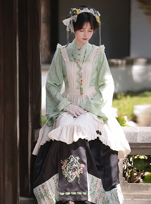 Orchid Pavilion Jackdaw Chinese Style Advanced Green Series Fake Three Pieces Splice Set Long Sleeves Ming Dynasty Mamian Pleated Dress