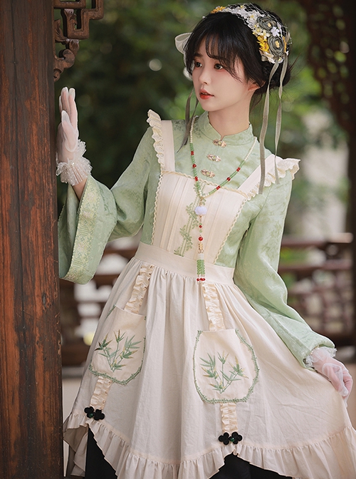 Orchid Pavilion Jackdaw Chinese Style Advanced Green Series Fake Three Pieces Splice Set Long Sleeves Ming Dynasty Mamian Pleated Dress