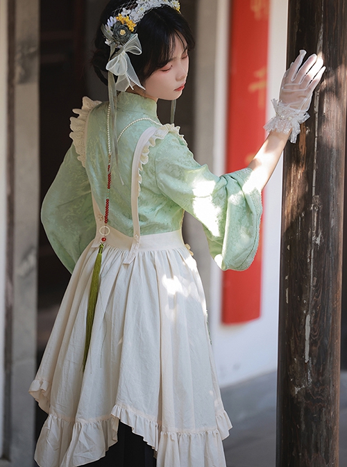 Orchid Pavilion Jackdaw Chinese Style Advanced Green Series Fake Three Pieces Splice Set Long Sleeves Ming Dynasty Mamian Pleated Dress