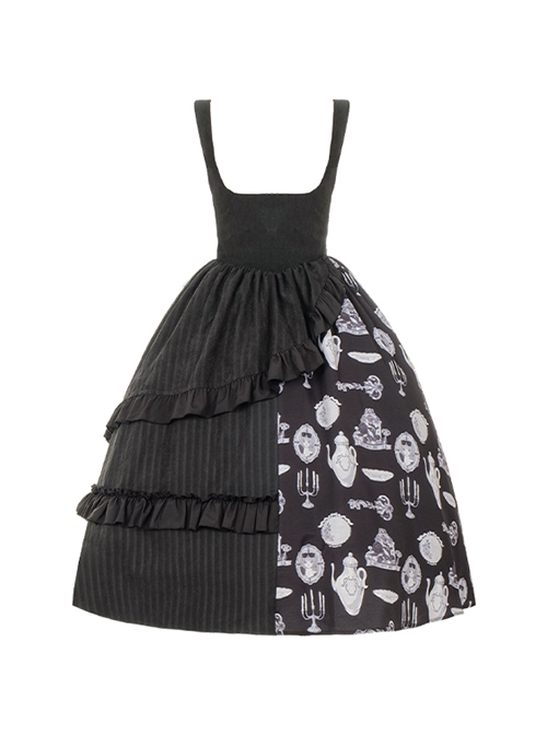 Lunar Eclipse Series Asymmetrical Splicing European Castle Candlestick Print Black Classic Lolita Sleeveless Support Chest Skirt SK