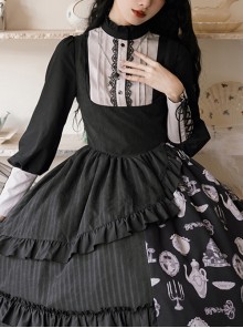 Lunar Eclipse Series Black Stand Collar Retro Elegant Lace Ribbon Symmetrical Classic Lolita Lamb Leg Sleeves Shirt