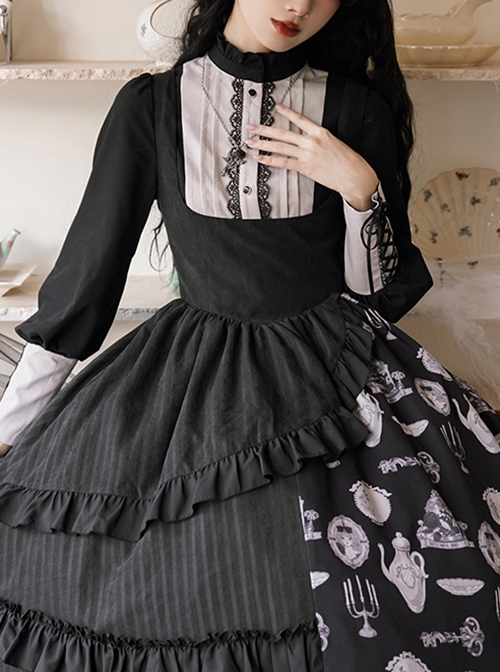 Lunar Eclipse Series Black Stand Collar Retro Elegant Lace Ribbon Symmetrical Classic Lolita Lamb Leg Sleeves Shirt