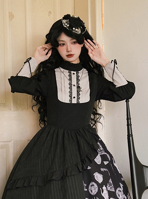 Lunar Eclipse Series Black Stand Collar Retro Elegant Lace Ribbon Symmetrical Classic Lolita Lamb Leg Sleeves Shirt