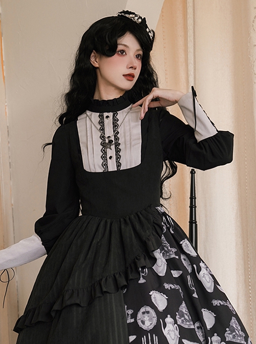 Lunar Eclipse Series Black Stand Collar Retro Elegant Lace Ribbon Symmetrical Classic Lolita Lamb Leg Sleeves Shirt