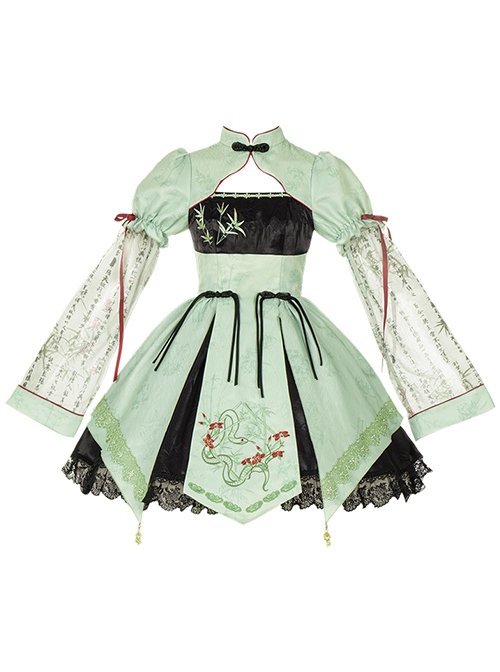 Orchid Pavilion Chinese Style Bamboo Leaves Auspicious Clouds Green Print Elegant Splice Lace Broad Sleeves Classic Lolita Dress OP