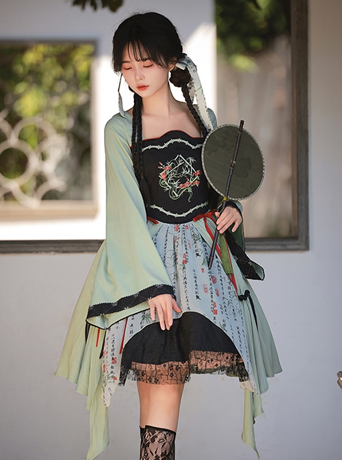 Orchid Pavilion Hidden Mountain Series Chinese Style Begonia Bamboo Leaf Snake Embroidery Calligraphy Green Classic Lolita Loose Sleeves Dress OP