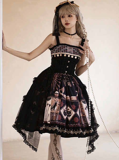 Best Wishes Series Egyptian Totem Sun Temple Golden Flake Pharaonic Cat Elements Black Classic Lolita Sleeveless Dress JSK