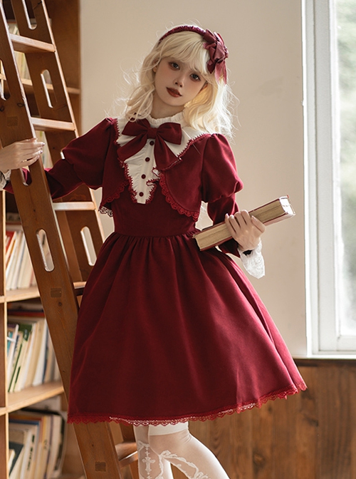 Witch Shop Series Wine Red Contrast Color Elegant Refined Lace Ruffle Collar Fake Two Pieces Gothic Lolita Puff Sleeves Dress