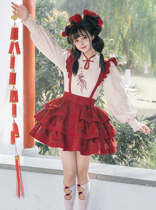 Chinese Style Happy New Year Red Lucky Koi Embroidered Shirt Woolen Cloth Vest Cute Suspenders Fluffy Ruffle SK Sweet Lolita Suit