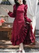 Chinese Style Wine Red Jacquard Retro Elegant Velvet Ruffled Pearl Happy New Year Festive Side Slit Ruffles Cheongsam Long Dress