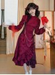 Chinese Style Wine Red Jacquard Retro Elegant Velvet Ruffled Pearl Happy New Year Festive Side Slit Ruffles Cheongsam Long Dress