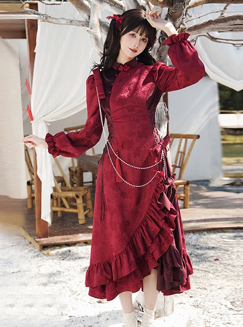 Chinese Style Wine Red Jacquard Retro Elegant Velvet Ruffled Pearl Happy New Year Festive Side Slit Ruffles Cheongsam Long Dress