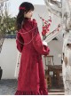 Chinese Style Wine Red Jacquard Retro Elegant Velvet Ruffled Pearl Happy New Year Festive Side Slit Ruffles Cheongsam Long Dress