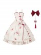 Elegant  White Chinese Style Velvet Auspicious Pomegranate Print Side Buckle Pendant Bowknot Classic Lolita Sleeveless Dress JSK