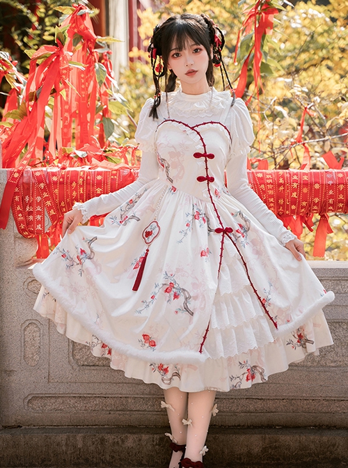 Elegant  White Chinese Style Velvet Auspicious Pomegranate Print Side Buckle Pendant Bowknot Classic Lolita Sleeveless Dress JSK