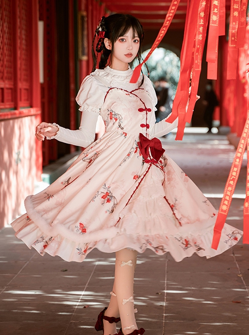 Elegant  White Chinese Style Velvet Auspicious Pomegranate Print Side Buckle Pendant Bowknot Classic Lolita Sleeveless Dress JSK