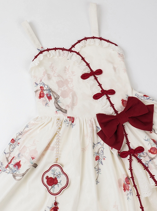 Elegant  White Chinese Style Velvet Auspicious Pomegranate Print Side Buckle Pendant Bowknot Classic Lolita Sleeveless Dress JSK