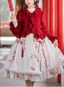 Chinese Style Doll Collar Wine Red Lantern Sleeves Retro Versatile Knitted Ruffled Lapels Lace Sweet Lolita Cardigan Coat