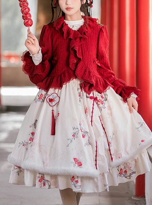 Chinese Style Doll Collar Wine Red Lantern Sleeves Retro Versatile Knitted Ruffled Lapels Lace Sweet Lolita Cardigan Coat