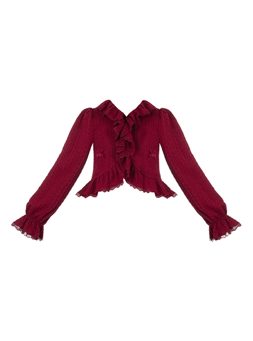 Chinese Style Doll Collar Wine Red Lantern Sleeves Retro Versatile Knitted Ruffled Lapels Lace Sweet Lolita Cardigan Coat