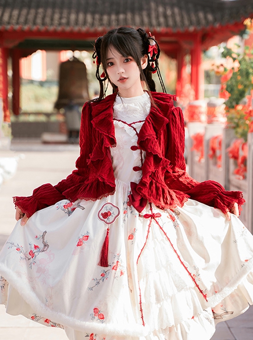 Chinese Style Doll Collar Wine Red Lantern Sleeves Retro Versatile Knitted Ruffled Lapels Lace Sweet Lolita Cardigan Coat