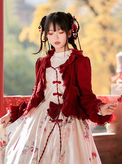 Chinese Style Doll Collar Wine Red Lantern Sleeves Retro Versatile Knitted Ruffled Lapels Lace Sweet Lolita Cardigan Coat