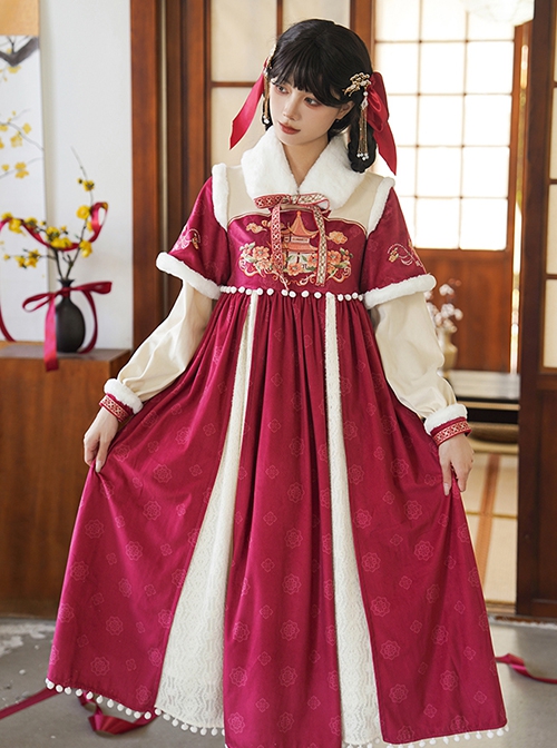 Chinese Style Red Embroidered Eastern Prosperous Age Classical Patterns Winter Soft Thick Fur Collar Auspicious Hanfu Dress OP