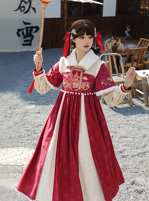 Chinese Style Red Embroidered Eastern Prosperous Age Classical Patterns Winter Soft Thick Fur Collar Auspicious Hanfu Dress OP