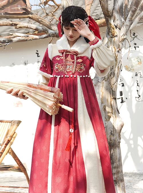 Chinese Style Red Embroidered Eastern Prosperous Age Classical Patterns Winter Soft Thick Fur Collar Auspicious Hanfu Dress OP