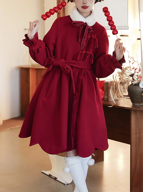 Classic Chinese Style Wine Red Festive New Year Christmas Auspicious Petal Hem Bowknot Sweet Daily Wool Collar Coat