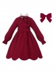 Classic Chinese Style Wine Red Festive New Year Christmas Auspicious Petal Hem Bowknot Sweet Daily Wool Collar Coat