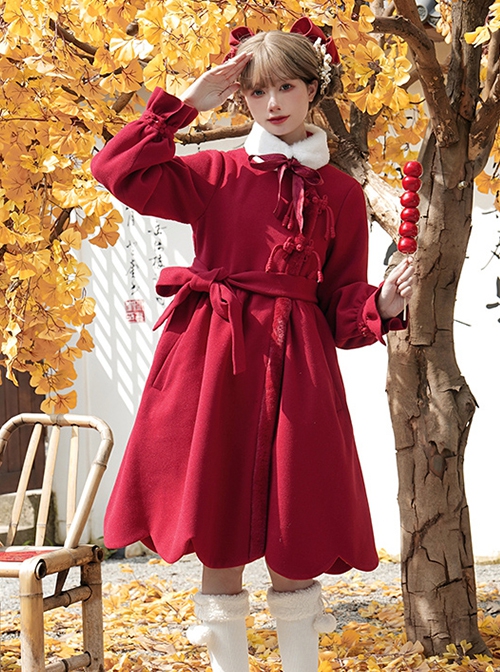 Classic Chinese Style Wine Red Festive New Year Christmas Auspicious Petal Hem Bowknot Sweet Daily Wool Collar Coat
