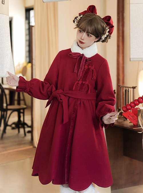 Classic Chinese Style Wine Red Festive New Year Christmas Auspicious Petal Hem Bowknot Sweet Daily Wool Collar Coat