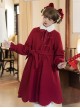 Classic Chinese Style Wine Red Festive New Year Christmas Auspicious Petal Hem Bowknot Sweet Daily Wool Collar Coat