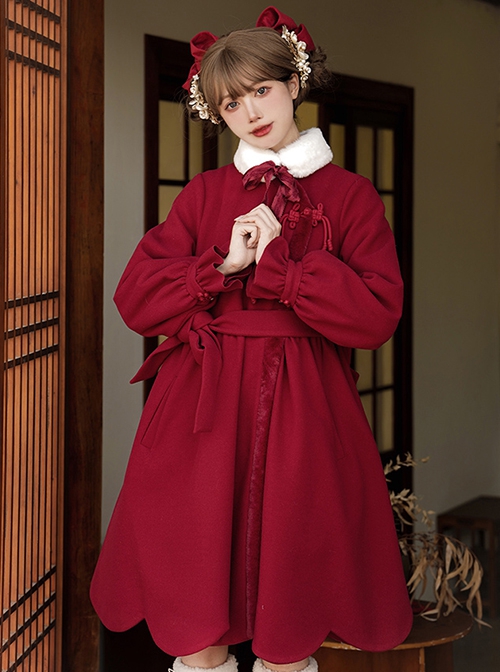 Classic Chinese Style Wine Red Festive New Year Christmas Auspicious Petal Hem Bowknot Sweet Daily Wool Collar Coat