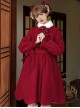 Classic Chinese Style Wine Red Festive New Year Christmas Auspicious Petal Hem Bowknot Sweet Daily Wool Collar Coat