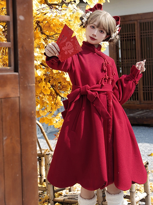 Classic Chinese Style Wine Red Festive New Year Christmas Auspicious Petal Hem Bowknot Sweet Daily Wool Collar Coat